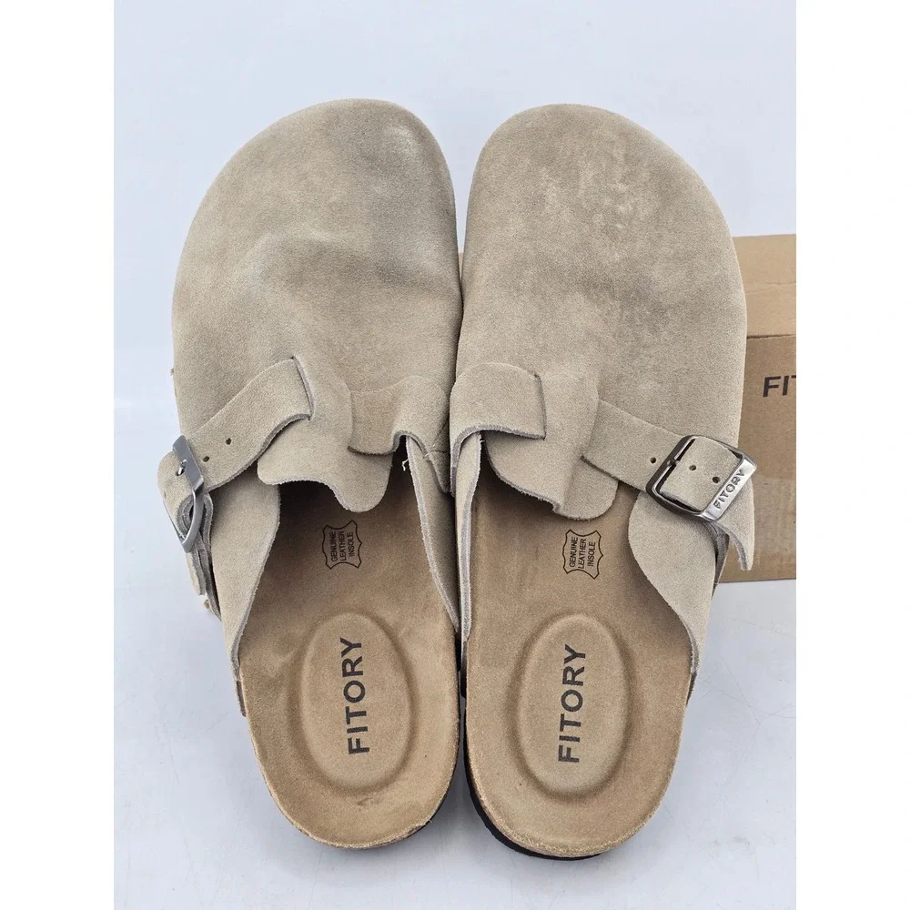 Fitory Suede Clogs Mens Size 11 Taupe Leather Mules Buckle Shoes‎ -Good